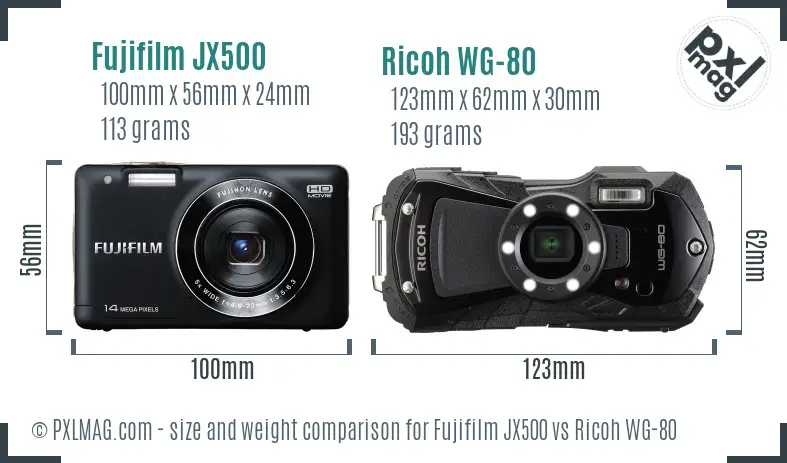 Fujifilm JX500 vs Ricoh WG-80 size comparison