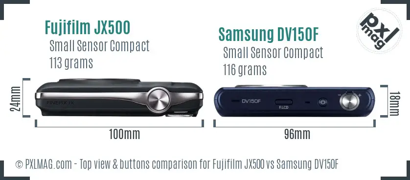 Fujifilm JX500 vs Samsung DV150F top view buttons comparison Fujifilm JX500 vs Samsung DV150F top view buttons comparison