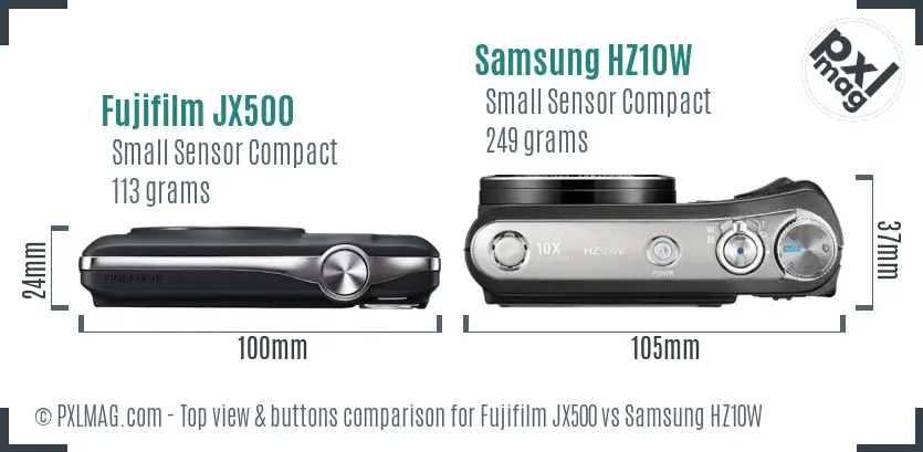 Fujifilm JX500 vs Samsung HZ10W top view buttons comparison