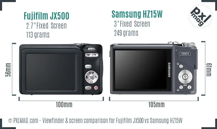 Fujifilm JX500 vs Samsung HZ15W Screen and Viewfinder comparison