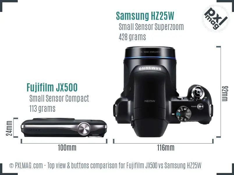 Fujifilm JX500 vs Samsung HZ25W top view buttons comparison Fujifilm JX500 vs Samsung HZ25W top view buttons comparison