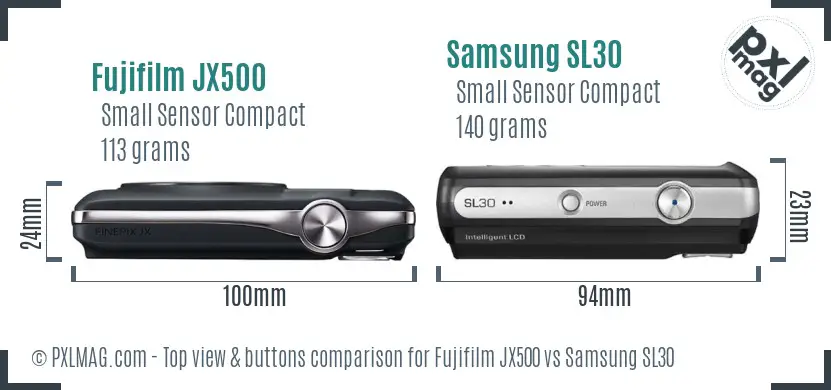 Fujifilm JX500 vs Samsung SL30 top view buttons comparison Fujifilm JX500 vs Samsung SL30 top view buttons comparison