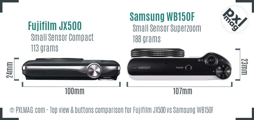 Fujifilm JX500 vs Samsung WB150F top view buttons comparison Fujifilm JX500 vs Samsung WB150F top view buttons comparison