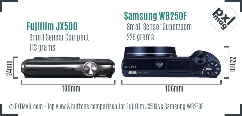 Fujifilm JX500 vs Samsung WB250F top view buttons comparison Fujifilm JX500 vs Samsung WB250F top view buttons comparison