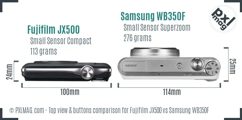 Fujifilm JX500 vs Samsung WB350F top view buttons comparison Fujifilm JX500 vs Samsung WB350F top view buttons comparison