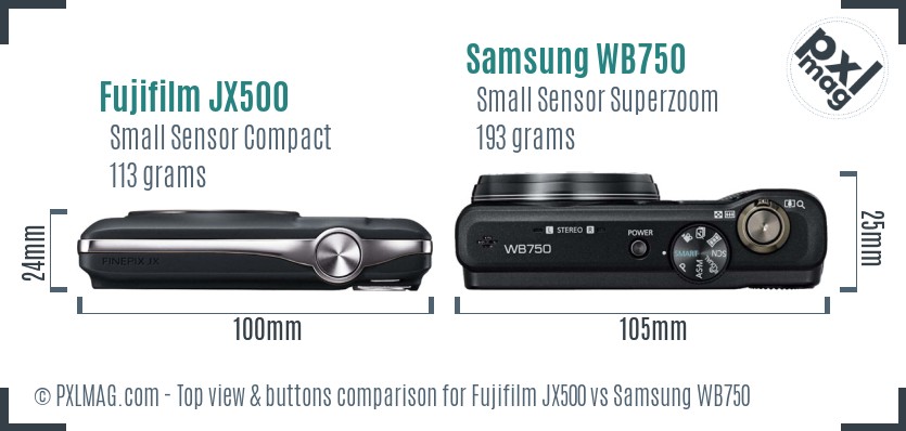 Fujifilm JX500 vs Samsung WB750 top view buttons comparison