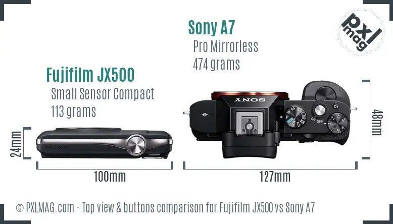 Fujifilm JX500 vs Sony A7 top view buttons comparison Fujifilm JX500 vs Sony A7 top view buttons comparison