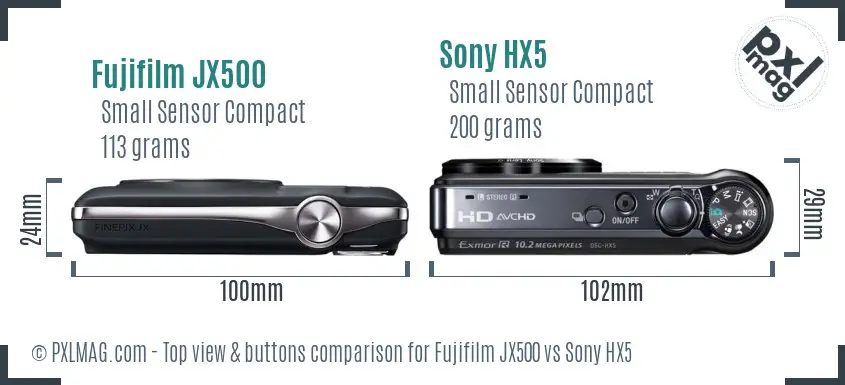 Fujifilm JX500 vs Sony HX5 top view buttons comparison