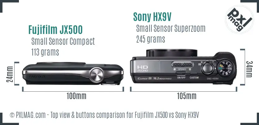 Fujifilm JX500 vs Sony HX9V top view buttons comparison
