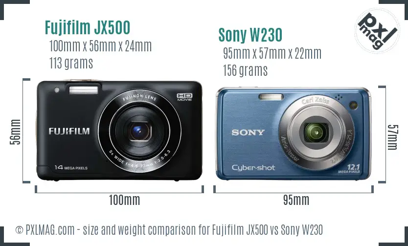 Fujifilm JX500 vs Sony W230 size comparison
