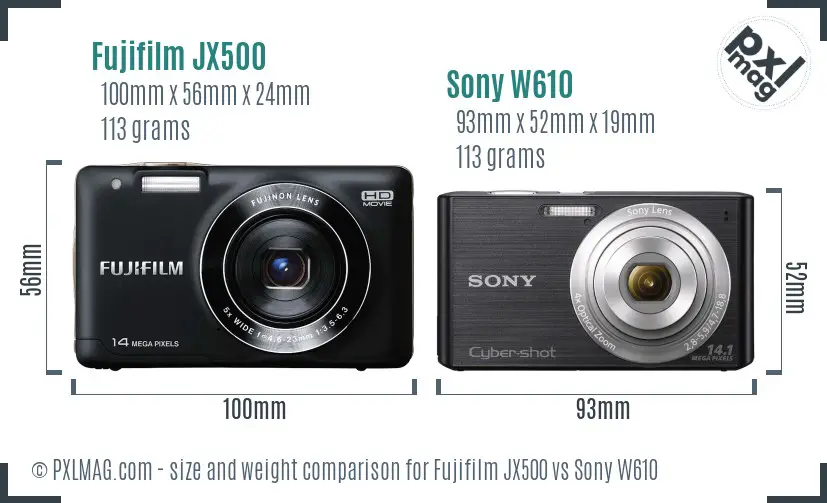 Fujifilm JX500 vs Sony W610 size comparison