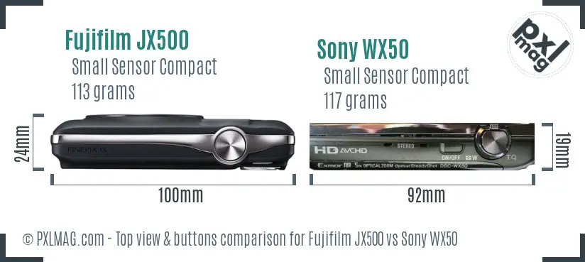 Fujifilm JX500 vs Sony WX50 top view buttons comparison Fujifilm JX500 vs Sony WX50 top view buttons comparison