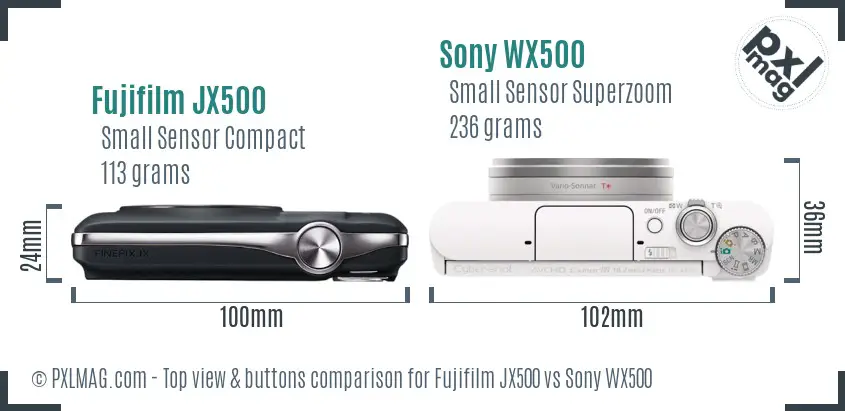 Fujifilm JX500 vs Sony WX500 top view buttons comparison