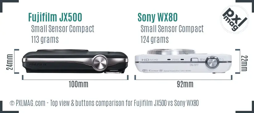 Fujifilm JX500 vs Sony WX80 top view buttons comparison Fujifilm JX500 vs Sony WX80 top view buttons comparison