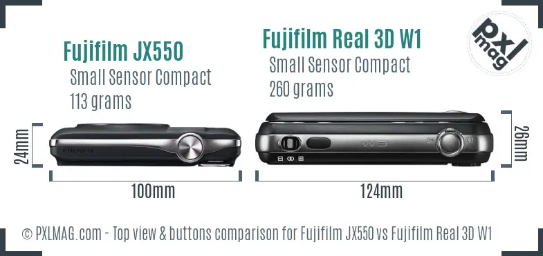 Fujifilm JX550 vs Fujifilm Real 3D W1 top view buttons comparison