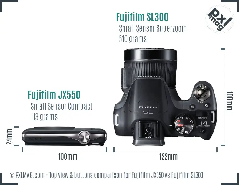 Fujifilm JX550 vs Fujifilm SL300 top view buttons comparison Fujifilm JX550 vs Fujifilm SL300 top view buttons comparison