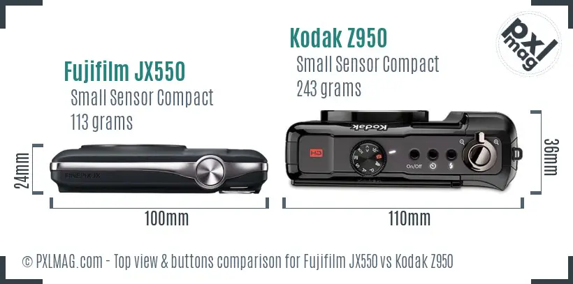 Fujifilm JX550 vs Kodak Z950 top view buttons comparison Fujifilm JX550 vs Kodak Z950 top view buttons comparison