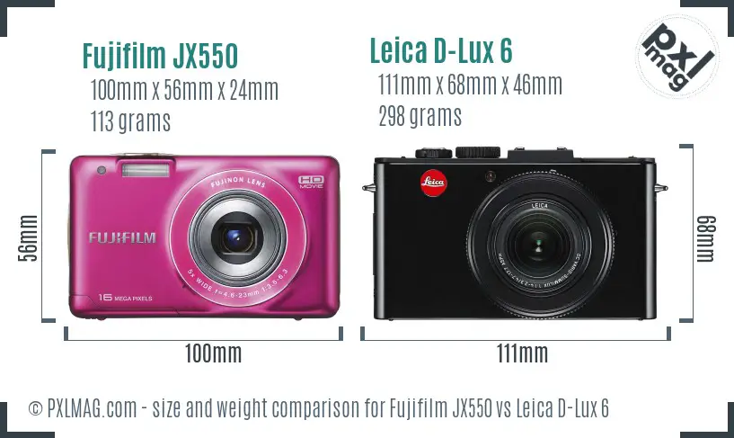 Fujifilm JX550 vs Leica D-Lux 6 size comparison