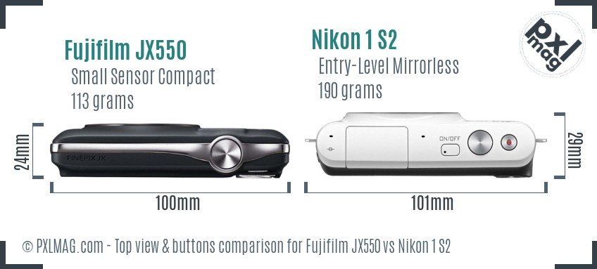 Fujifilm JX550 vs Nikon 1 S2 top view buttons comparison