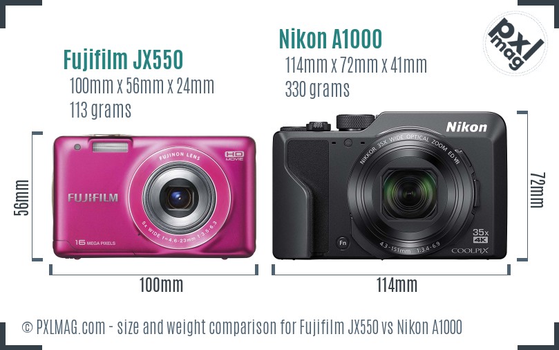 Fujifilm JX550 vs Nikon A1000 size comparison