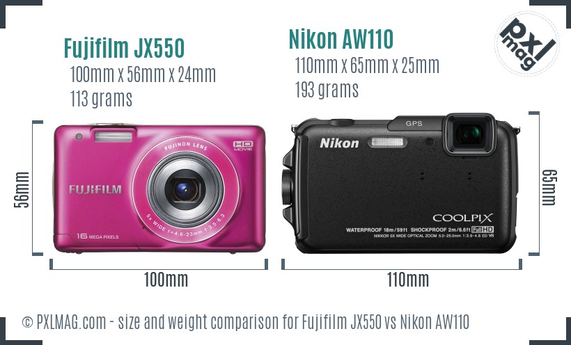 Fujifilm JX550 vs Nikon AW110 size comparison