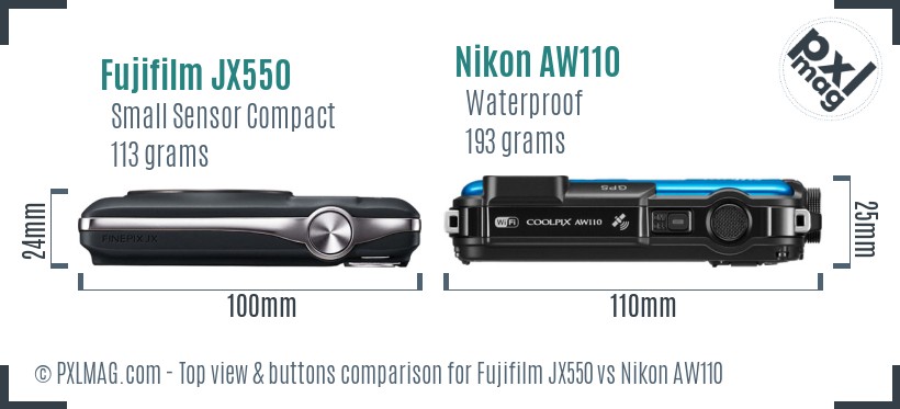 Fujifilm JX550 vs Nikon AW110 top view buttons comparison