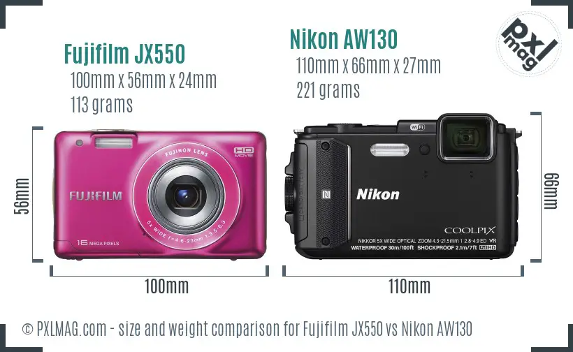 Fujifilm JX550 vs Nikon AW130 size comparison