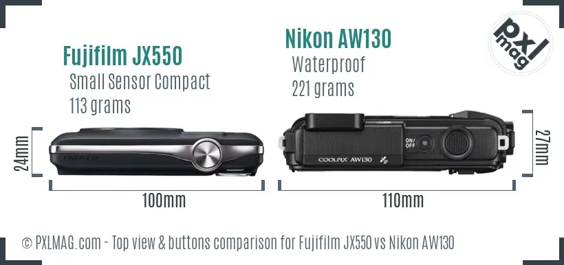 Fujifilm JX550 vs Nikon AW130 top view buttons comparison