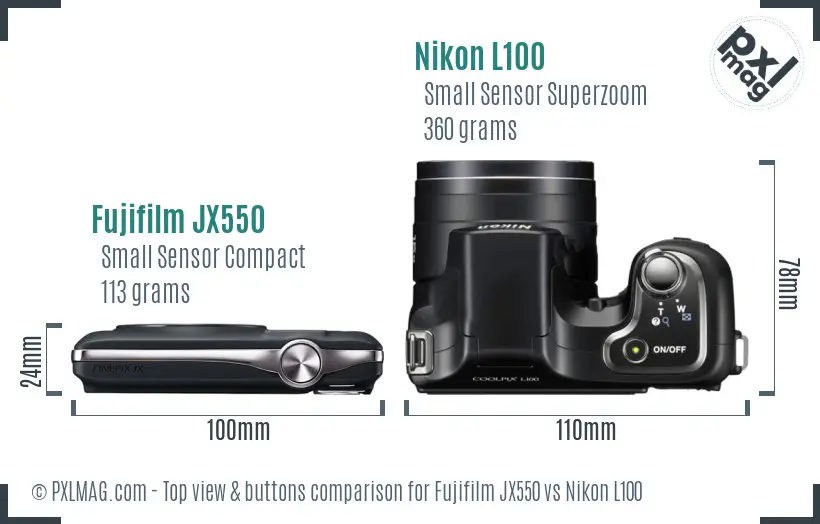 Fujifilm JX550 vs Nikon L100 top view buttons comparison Fujifilm JX550 vs Nikon L100 top view buttons comparison