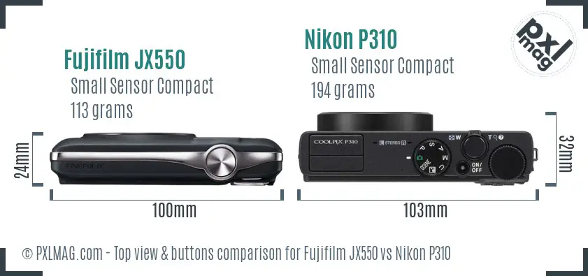 Fujifilm JX550 vs Nikon P310 top view buttons comparison Fujifilm JX550 vs Nikon P310 top view buttons comparison
