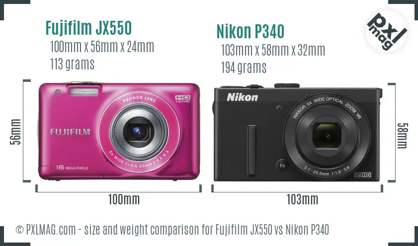 Fujifilm JX550 vs Nikon P340 size comparison