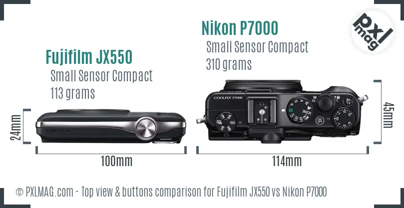 Fujifilm JX550 vs Nikon P7000 top view buttons comparison Fujifilm JX550 vs Nikon P7000 top view buttons comparison