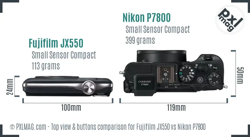 Fujifilm JX550 vs Nikon P7800 top view buttons comparison