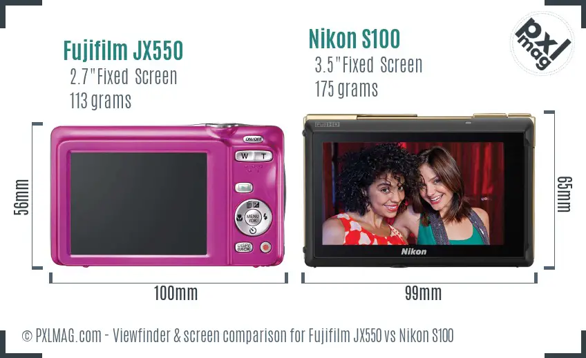 Fujifilm JX550 vs Nikon S100 Screen and Viewfinder comparison