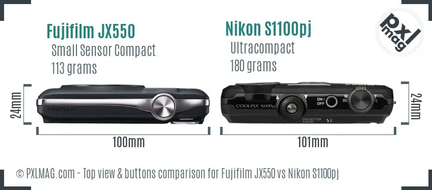 Fujifilm JX550 vs Nikon S1100pj top view buttons comparison
