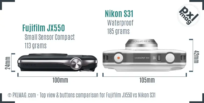 Fujifilm JX550 vs Nikon S31 top view buttons comparison Fujifilm JX550 vs Nikon S31 top view buttons comparison