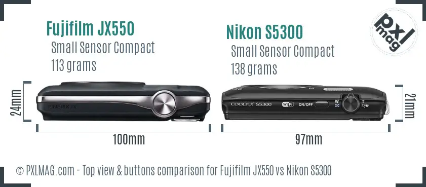 Fujifilm JX550 vs Nikon S5300 top view buttons comparison Fujifilm JX550 vs Nikon S5300 top view buttons comparison
