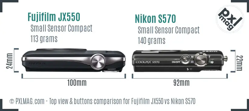 Fujifilm JX550 vs Nikon S570 top view buttons comparison Fujifilm JX550 vs Nikon S570 top view buttons comparison