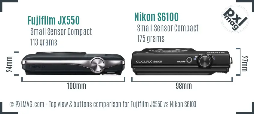 Fujifilm JX550 vs Nikon S6100 top view buttons comparison Fujifilm JX550 vs Nikon S6100 top view buttons comparison