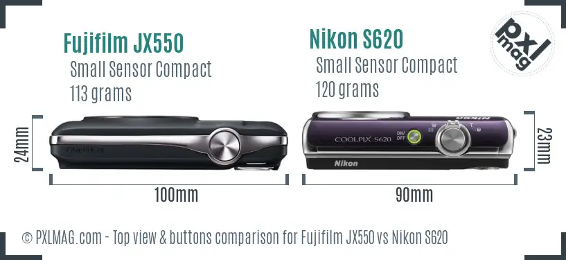 Fujifilm JX550 vs Nikon S620 top view buttons comparison Fujifilm JX550 vs Nikon S620 top view buttons comparison