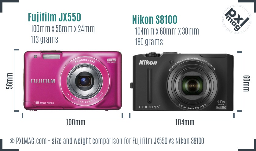 Fujifilm JX550 vs Nikon S8100 size comparison