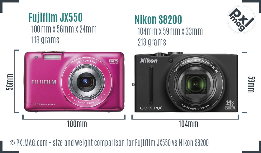 Fujifilm JX550 vs Nikon S8200 size comparison