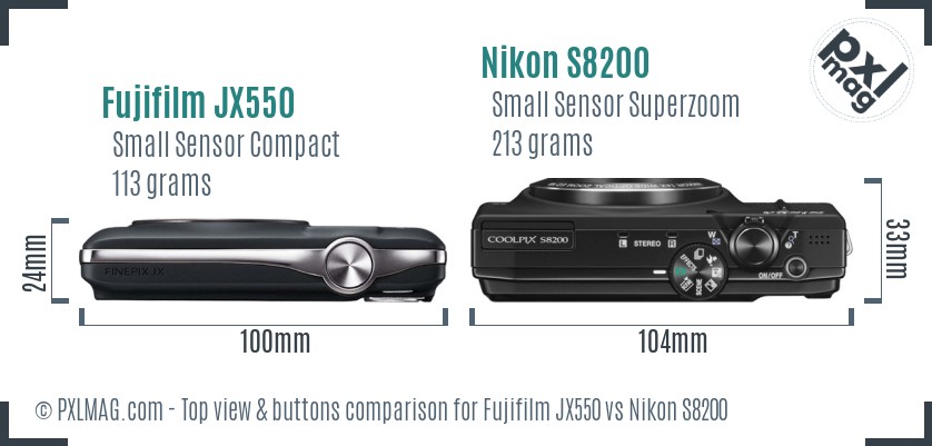 Fujifilm JX550 vs Nikon S8200 top view buttons comparison