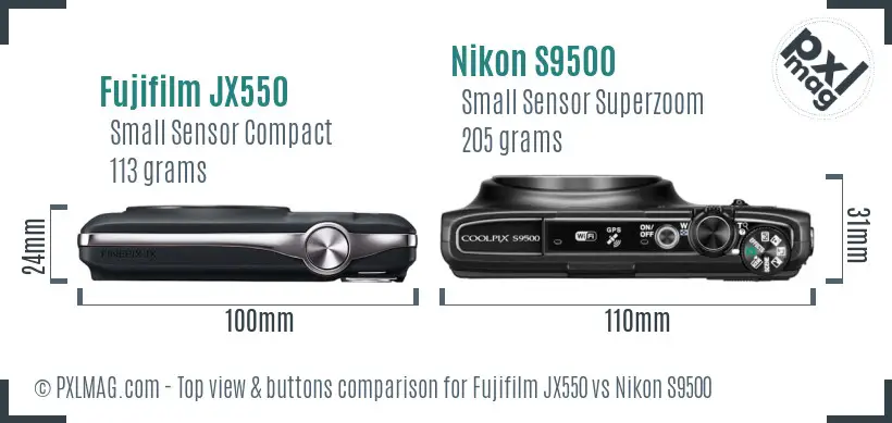 Fujifilm JX550 vs Nikon S9500 top view buttons comparison