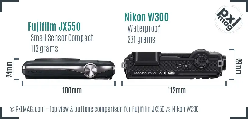 Fujifilm JX550 vs Nikon W300 top view buttons comparison