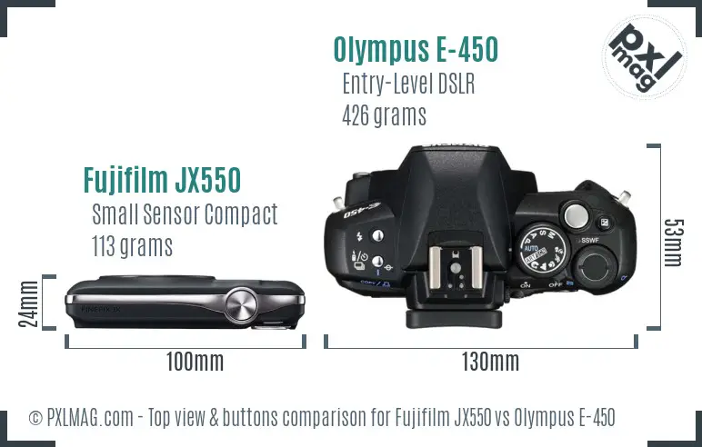 Fujifilm JX550 vs Olympus E-450 top view buttons comparison