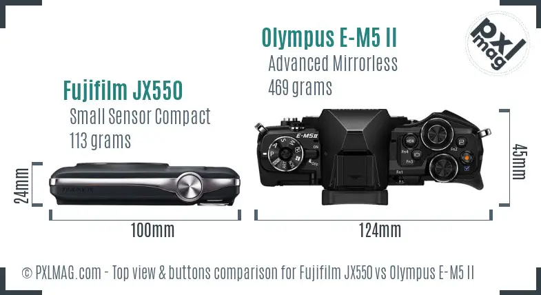 Fujifilm JX550 vs Olympus E-M5 II top view buttons comparison