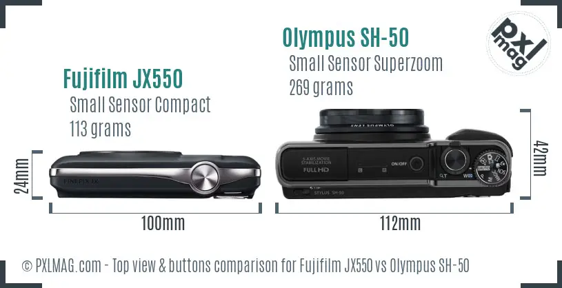 Fujifilm JX550 vs Olympus SH-50 top view buttons comparison