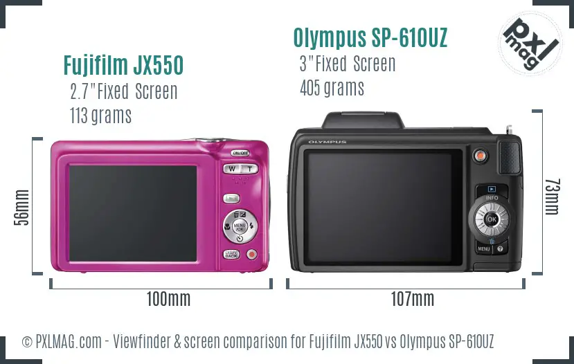 Fujifilm JX550 vs Olympus SP-610UZ Screen and Viewfinder comparison