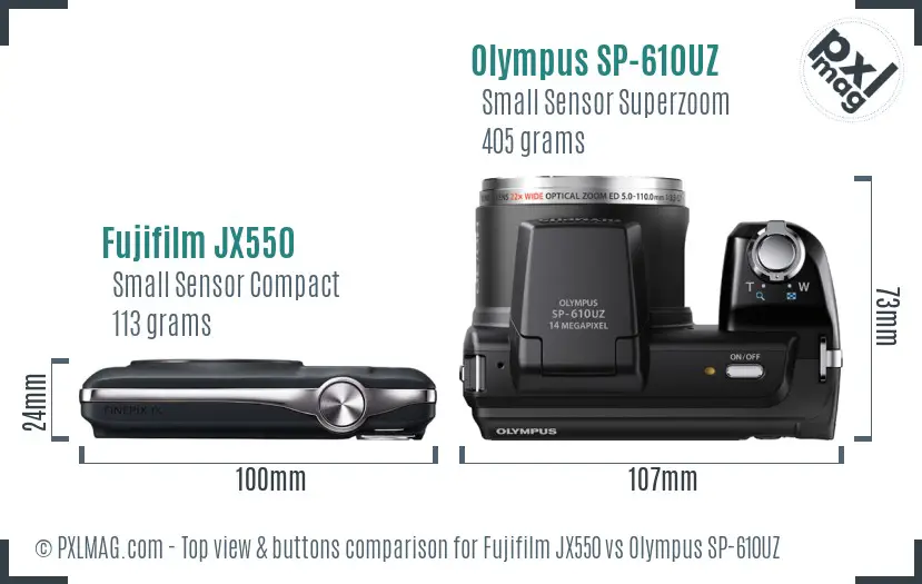 Fujifilm JX550 vs Olympus SP-610UZ top view buttons comparison